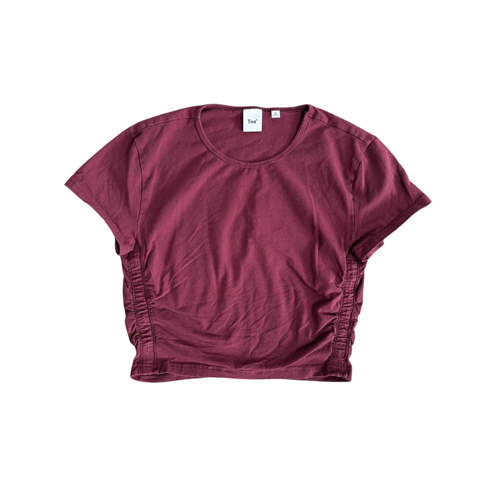 Aritzia TNA Burgundy Ruched Side Crop T-Shirt Medium Cotton Stretch